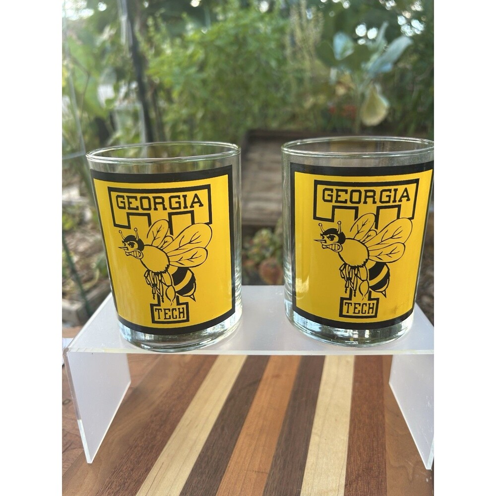 Vintage 2x Georgia Tech Yellow Jackets 4” Lowball Rocks Beverage Glasses